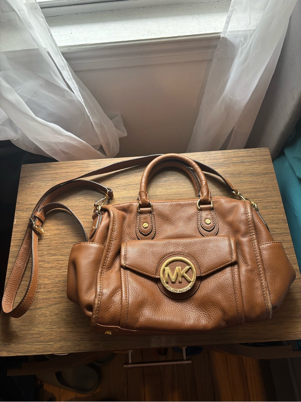 Michael Kors Cognac Leather Satchel with Gold MK Logo